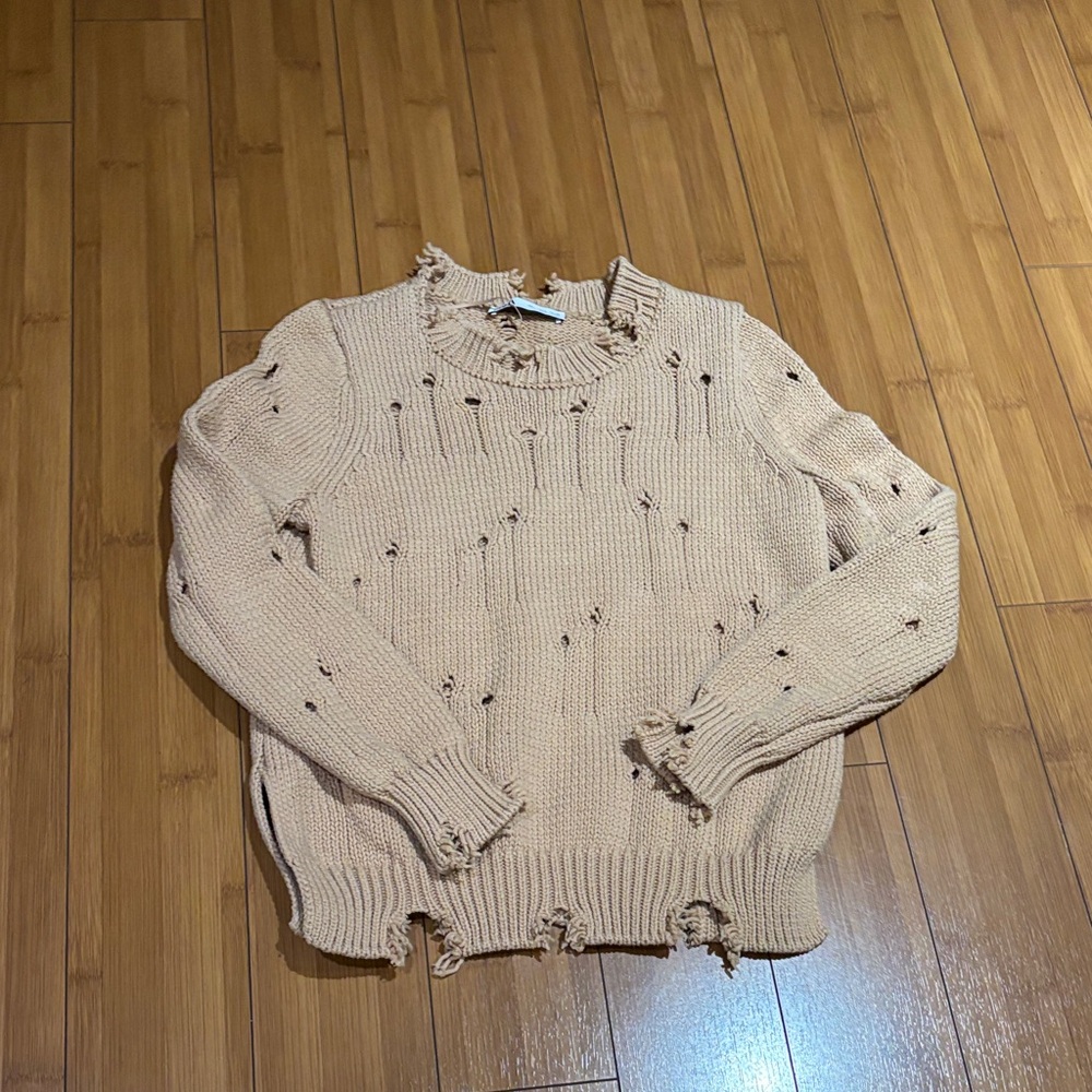 Zara Beige Distressed Crew Neck Sweater